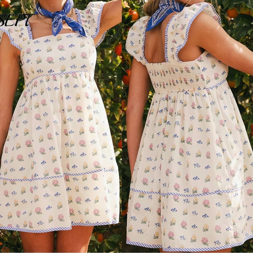 Floral  Dress with Blue Accents
